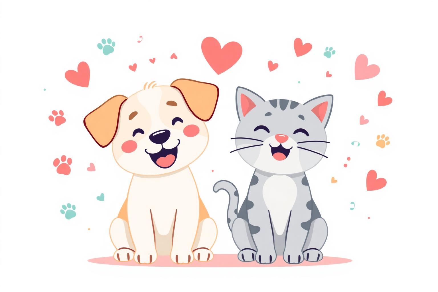 A happy cartoon dog and cat surrounded by hearts and paw prints